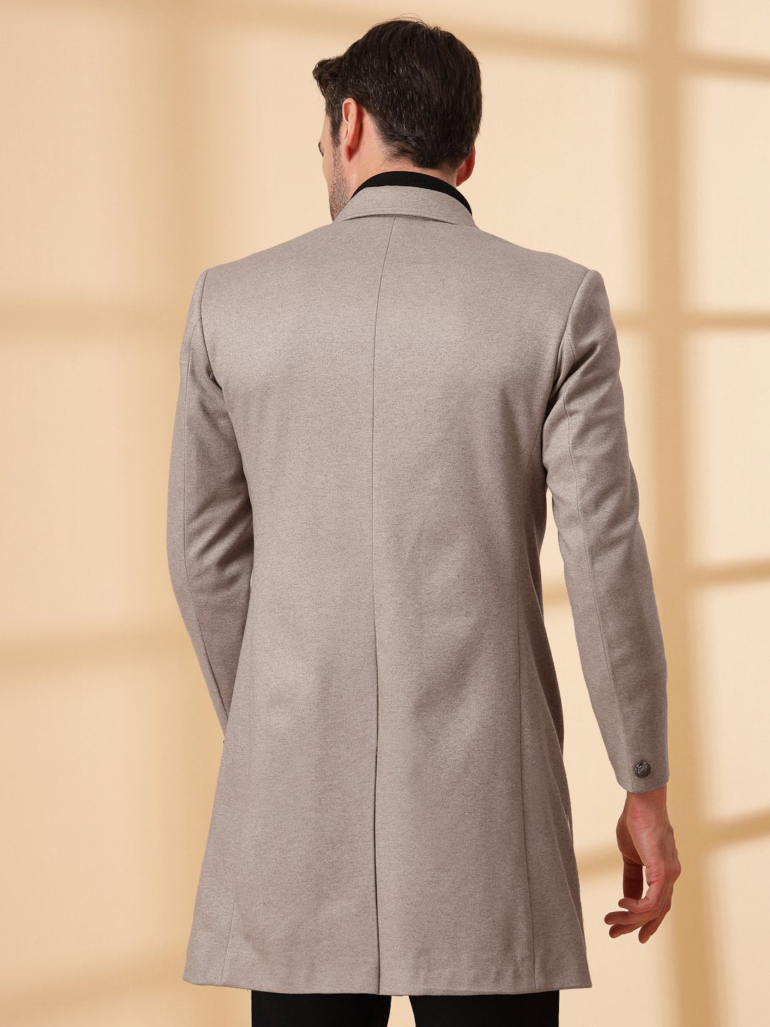Beige Long Sleeve Double-Breasted Woolen Coat