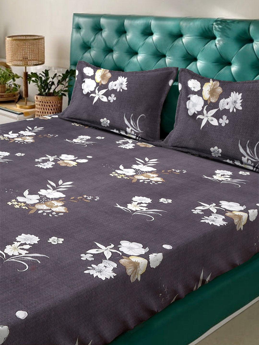 Brown Floral  300 TC Cotton Blend Fitted Double Bedsheet in Book Fold Packing