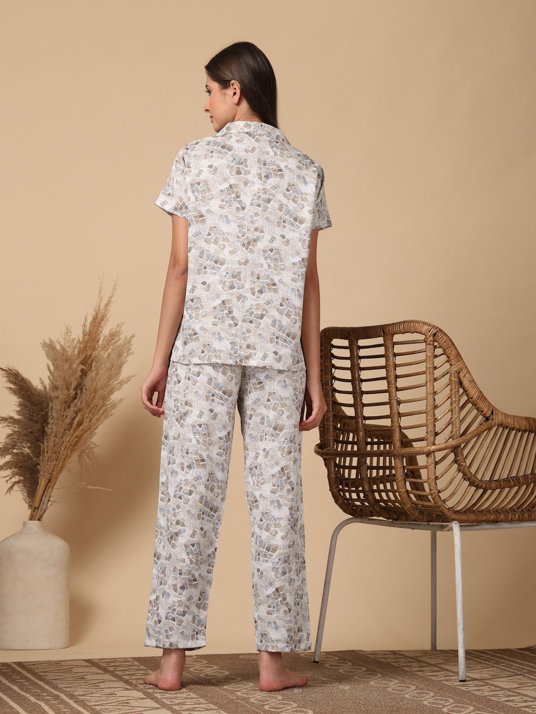 Brown Geometric Cotton Blend Women Night Suit
