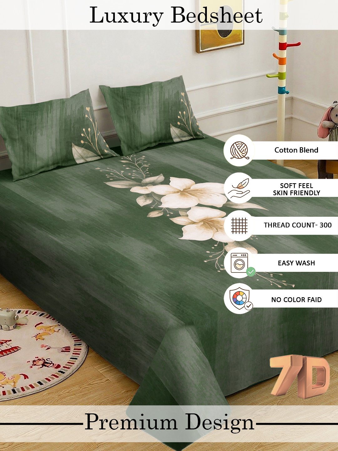 Green Digital Floral Printed Cotton Blend Double Bedsheet with 2 Pillow Covers