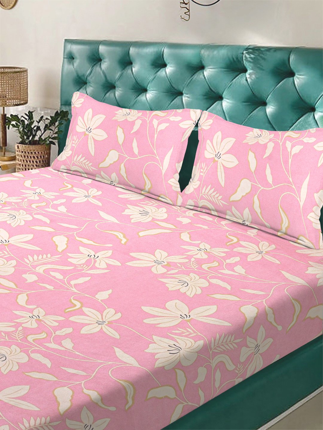 Pink Floral 300 TC Cotton Blend Double Bedsheet with 2 Pillow Covers