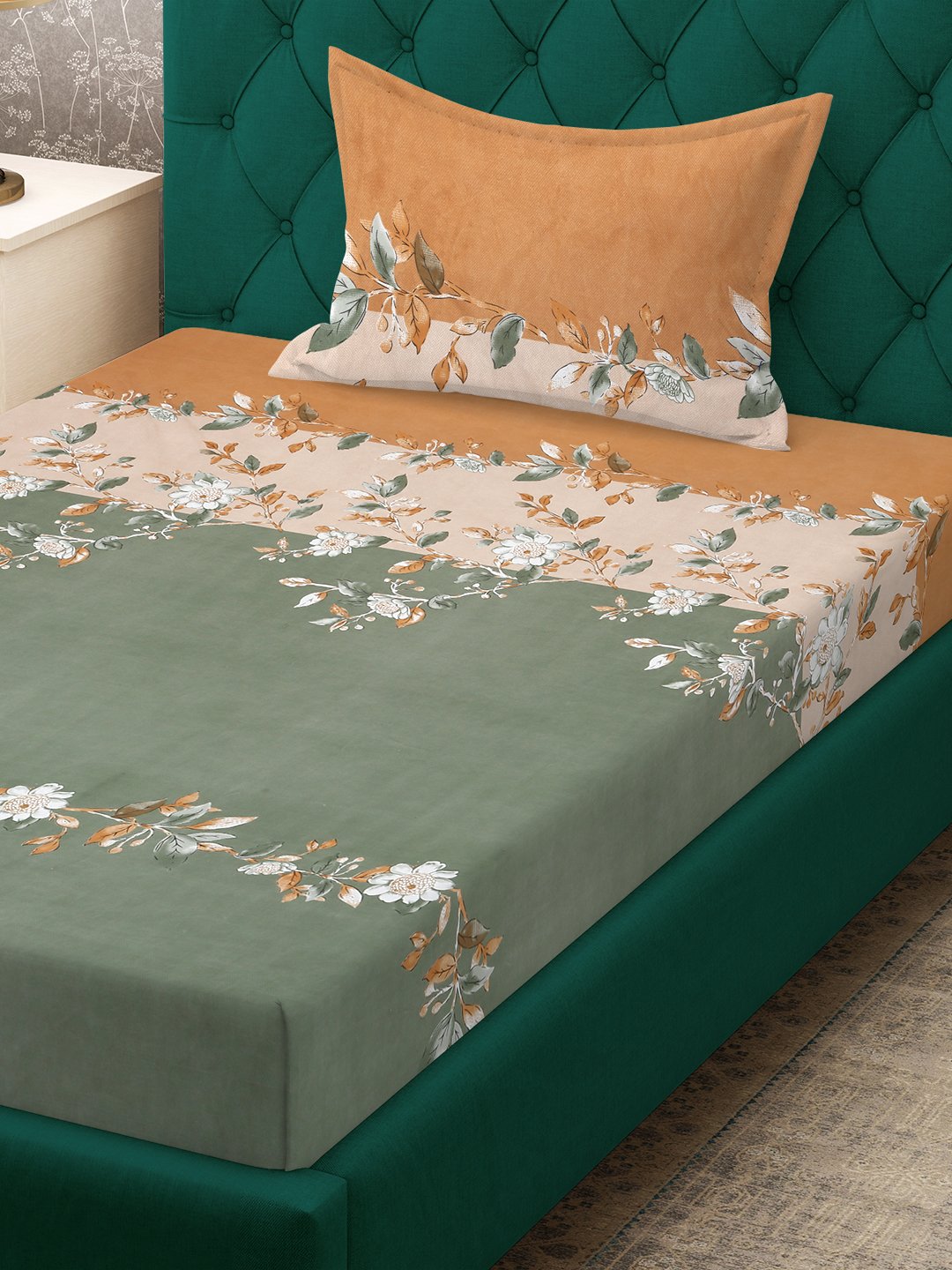 Green Floral 300 TC Cotton Blend Single Bedsheet with Pillow Cover