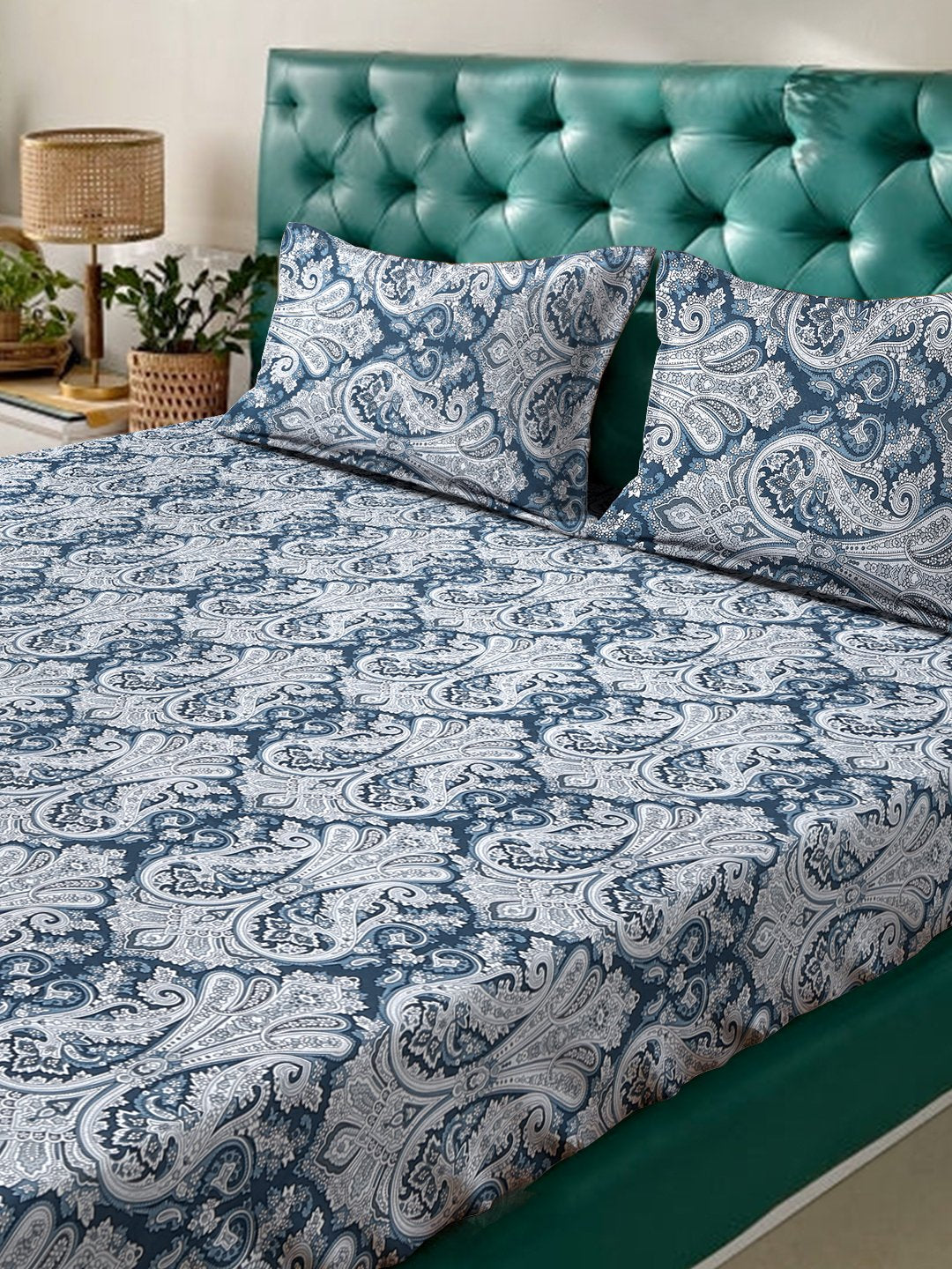 Blue Floral 400 TC Pure Cotton Fitted Double Bedsheet with 2 Pillow Covers