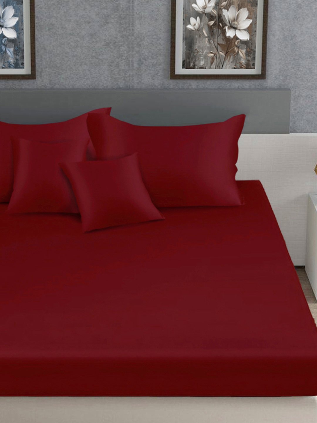 Maroon Solid 400 TC Satin Fitted Super King Double Bedsheet with 2 Pillow Covers & 2 Cushion Covers