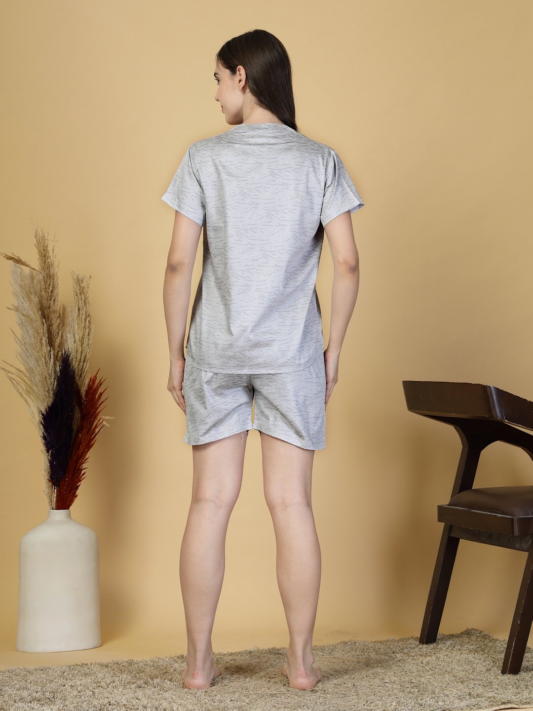 Women Grey Abstract Pure Cotton Night Suit