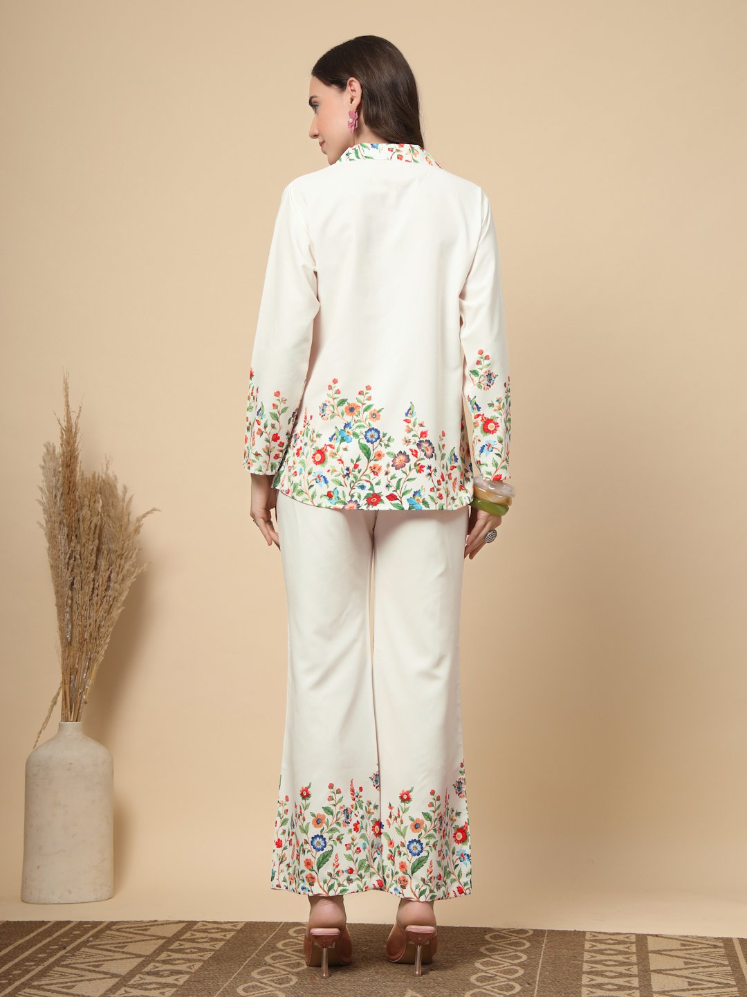 Cream Cotton Printed Shirt With Trousers Co-Ords Set