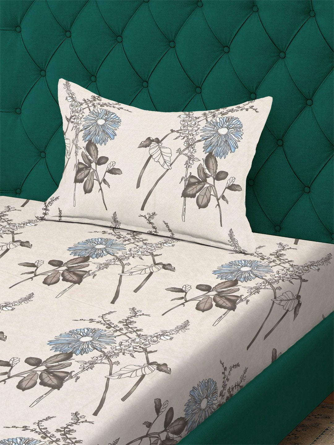 Cream Floral 300 TC Cotton Blend Fitted Single Bedsheet with Pillow Cover