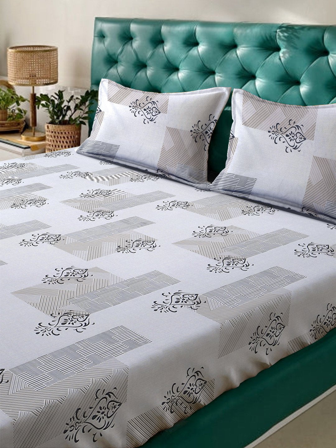 Grey Ethnic Motifs  300 TC Cotton Blend Fitted Double Bedsheet in Book Fold Packing