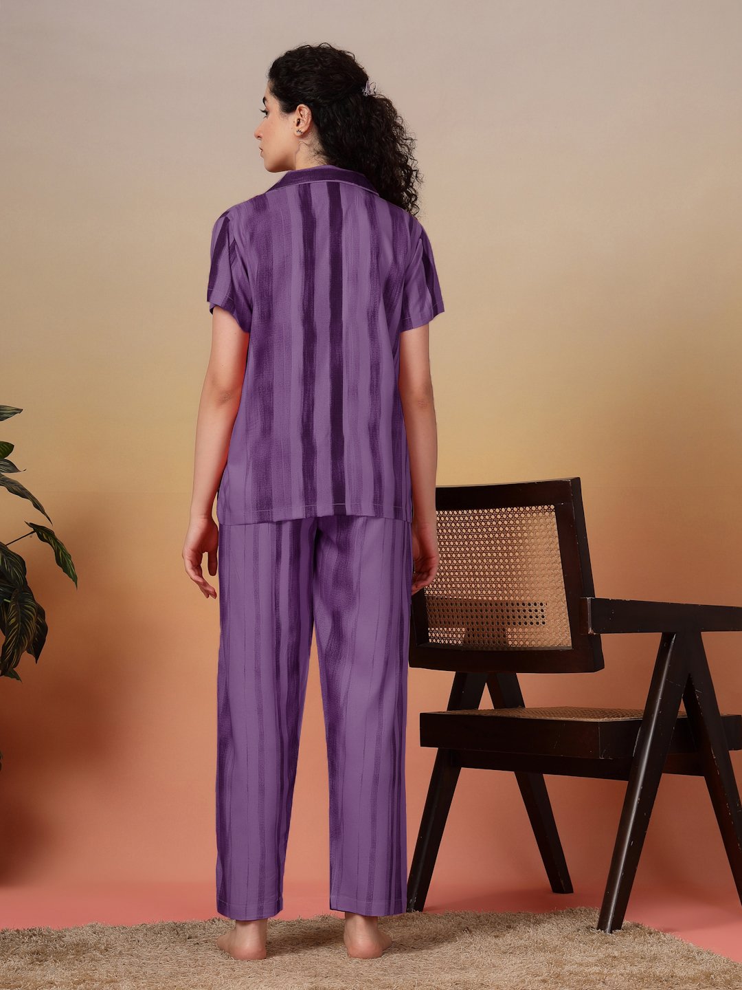Women Purple Striped Pure Cotton Night Suit