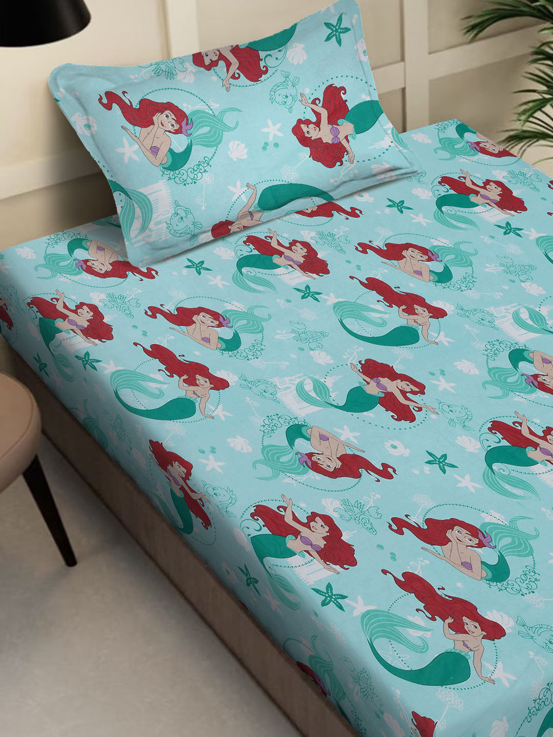Klotthe Turquoise Cartoon Characters 400 TC Pure Cotton Single Bedsheet with Pillow Cover