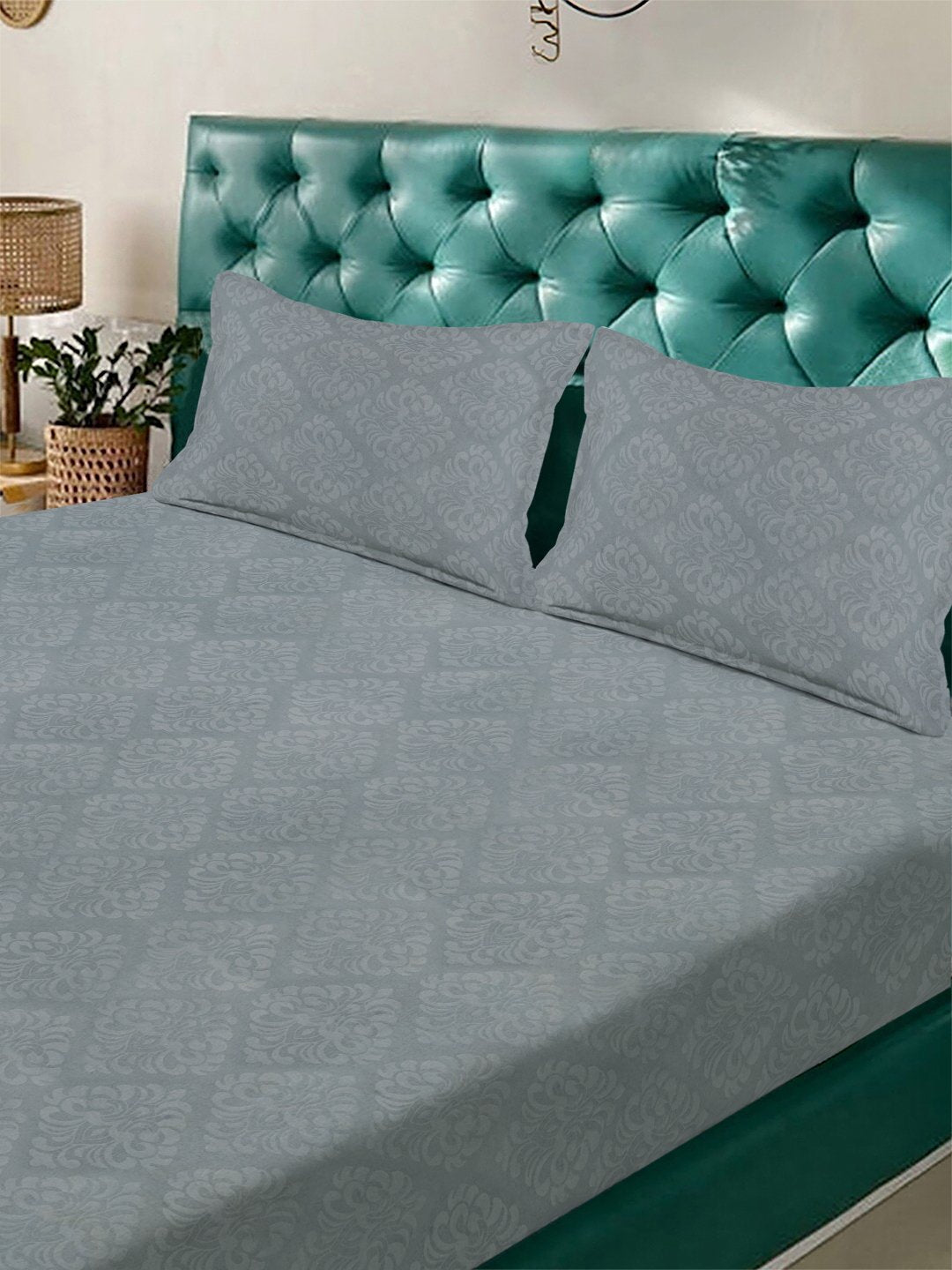 Grey Floral Embossed Cotton Blend Double Bedsheet with 2 Pillow Covers