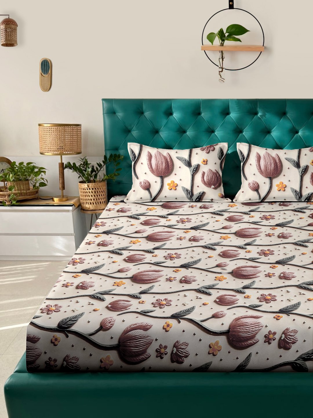 Cream Floral 7D King Size Cotton Blend Double Bedsheet with 2 Pillow Covers