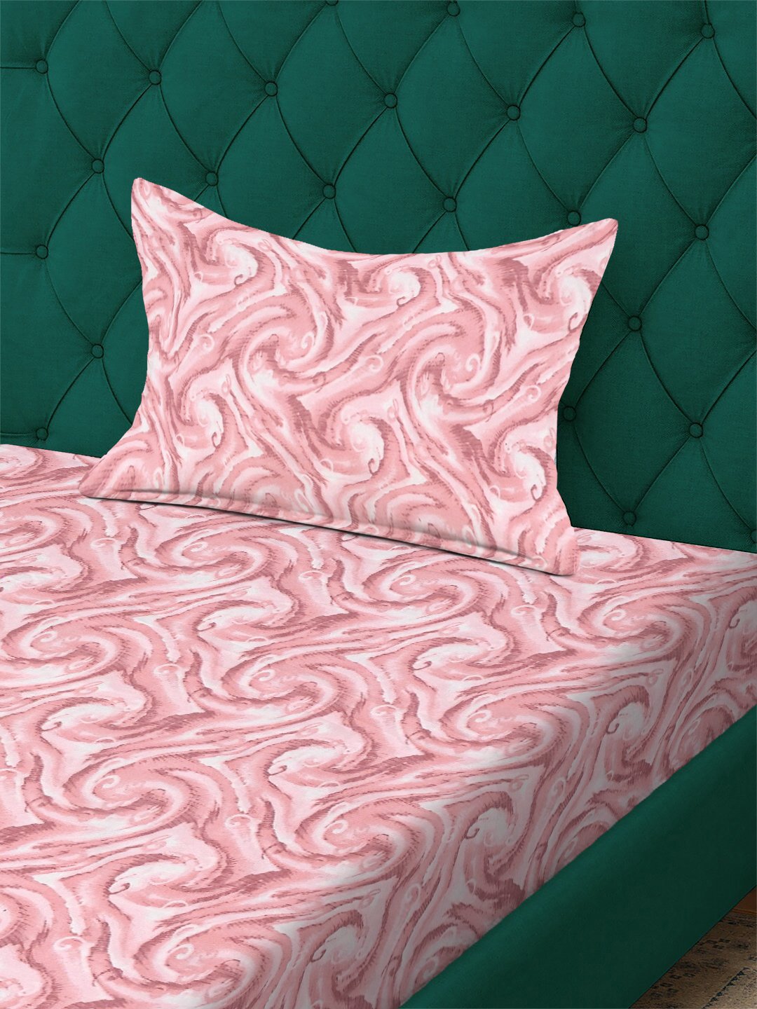 Red Abstract 300 TC Cotton Blend Fitted Single Bedsheet with Pillow Cover