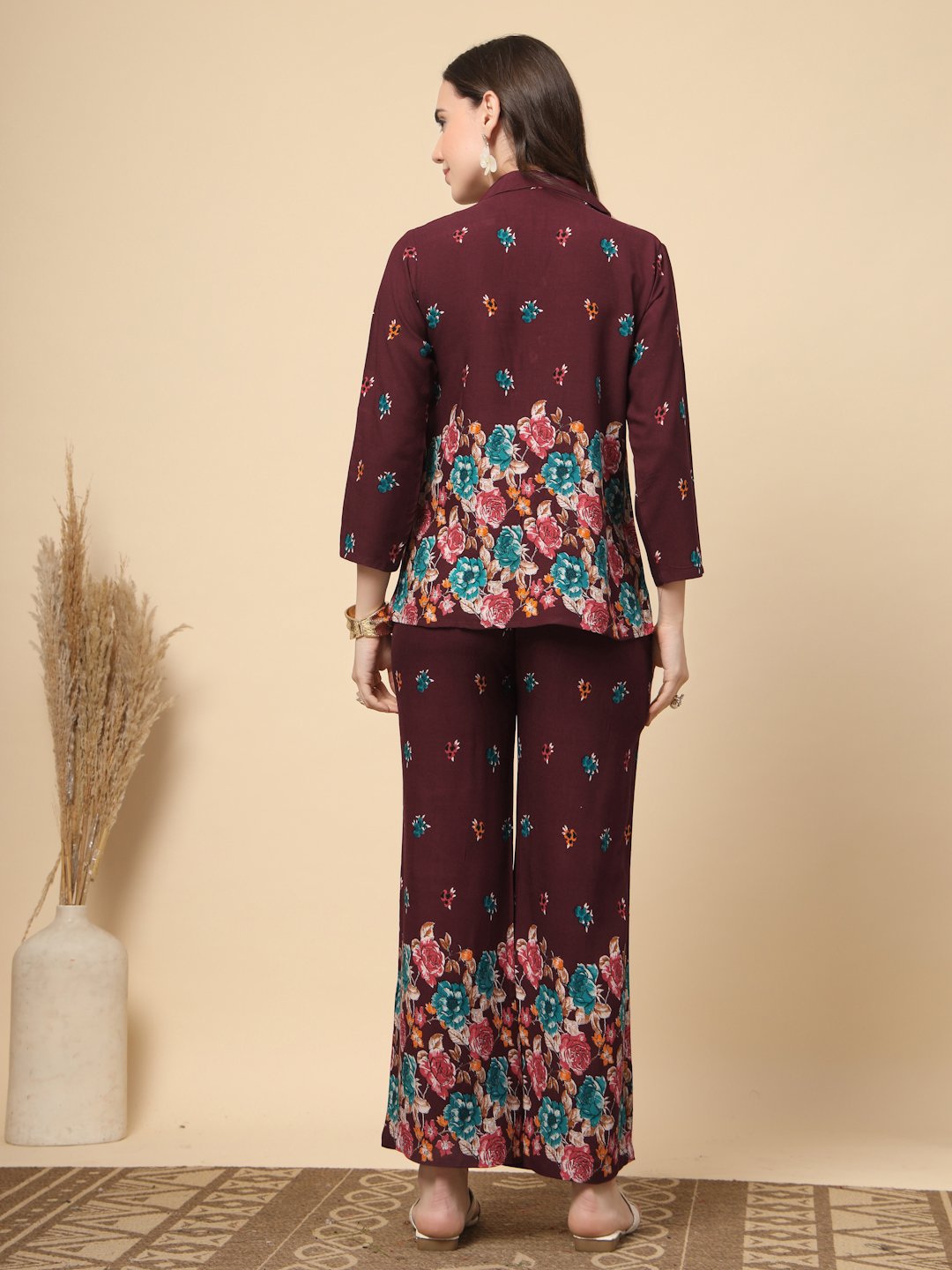Wine Cotton Printed Shirt With Trousers Co-Ords Set