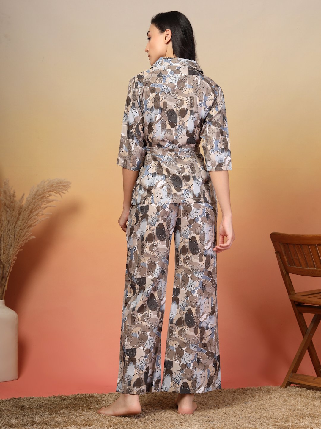 Women Brown Floral Cotton Blend Night Suit with Robe