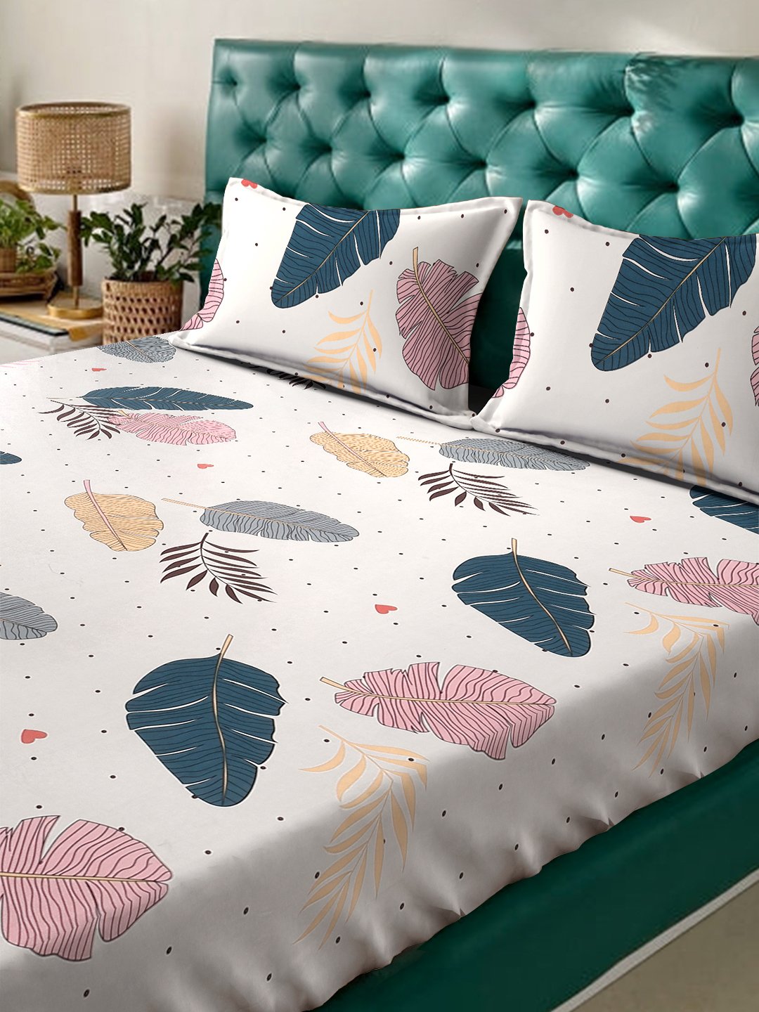 Cream Floral  300 TC Cotton Blend Fitted Double Bedsheet with 2 Pillow Covers