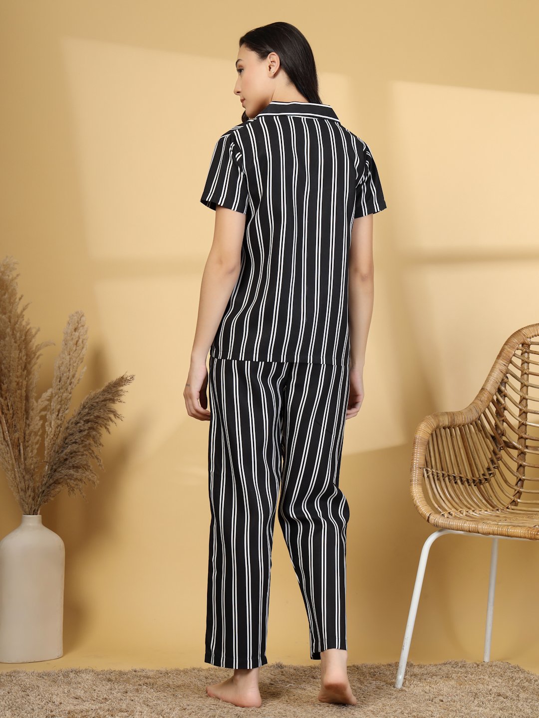 Women Black Striped Cotton Blend Night Suit