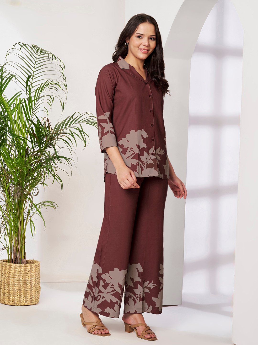 Rust Cotton Printed Shirt With Trousers Co-Ords Set