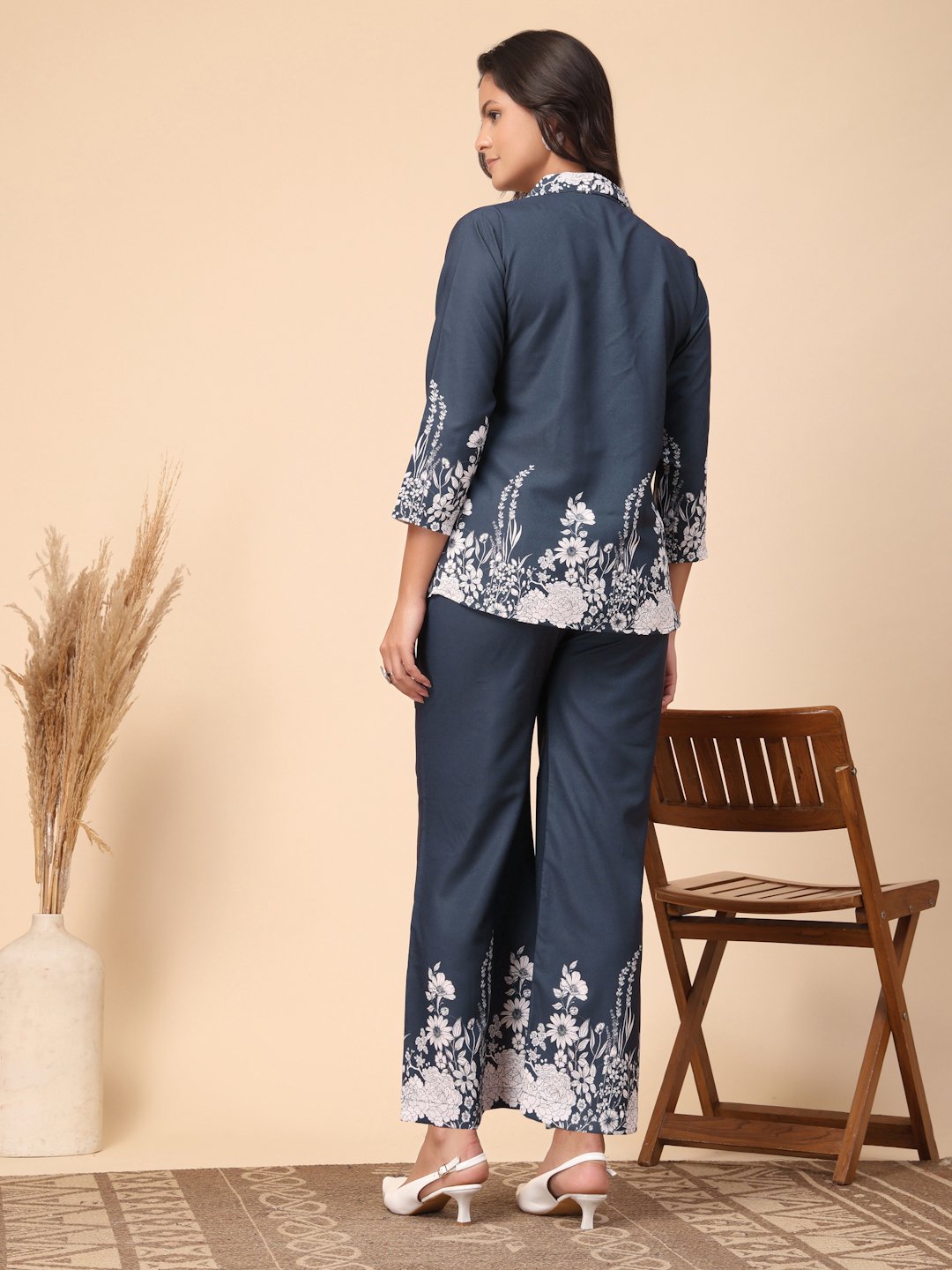Blue Cotton Printed Shirt With Trousers Co-Ords Set