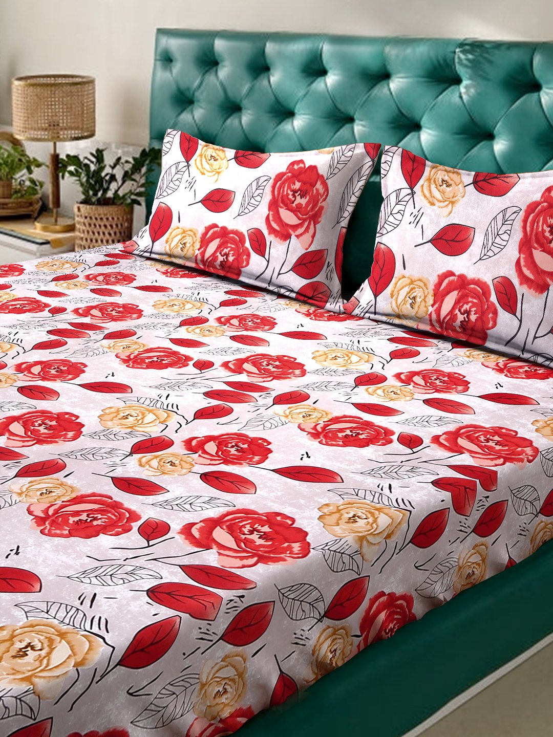 Red Floral 300 TC Cotton Blend Super King Double Bedsheet in Book Fold Packing