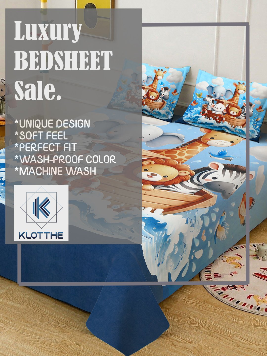 Multi Digital Animal Printed Cotton Blend Fitted Double Bedsheet with 2 Pillow Covers
