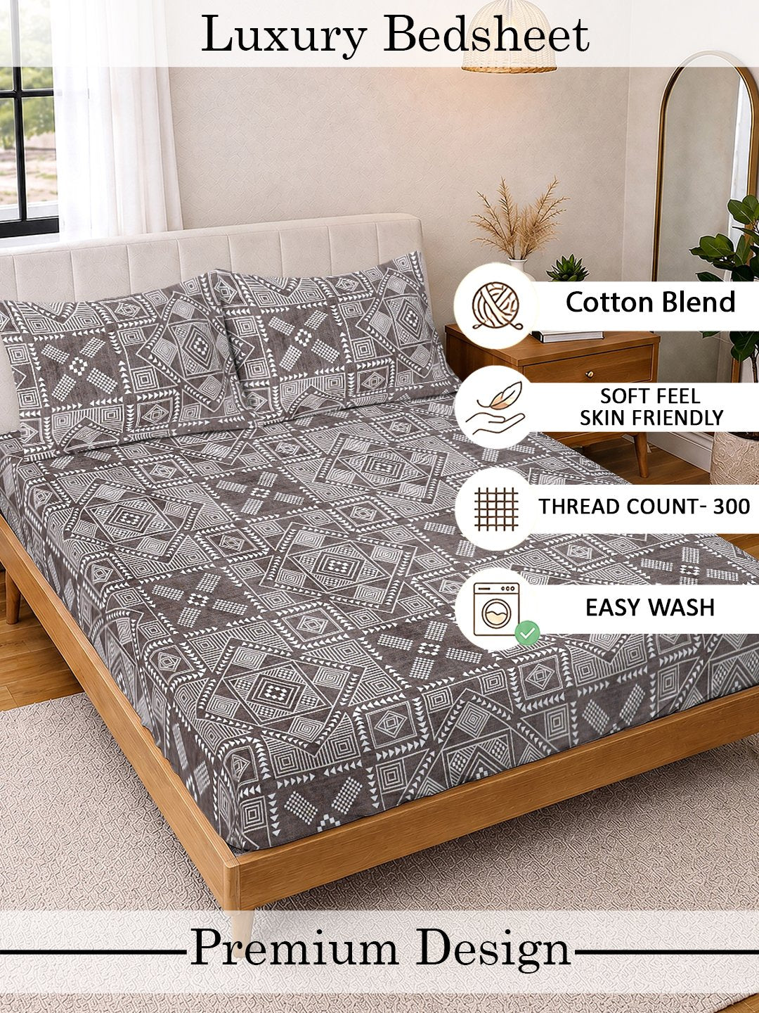 Brown Geometric Cotton Blend Double Bedsheet with 2 Pillow Covers