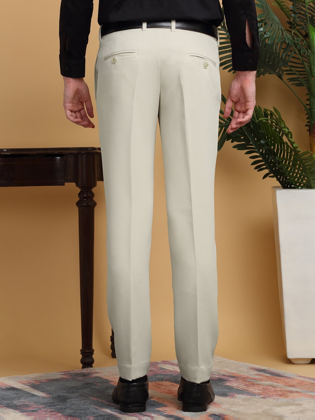 Beige Lycra Cotton Elastic Solid Slim Fit Formal Trouser