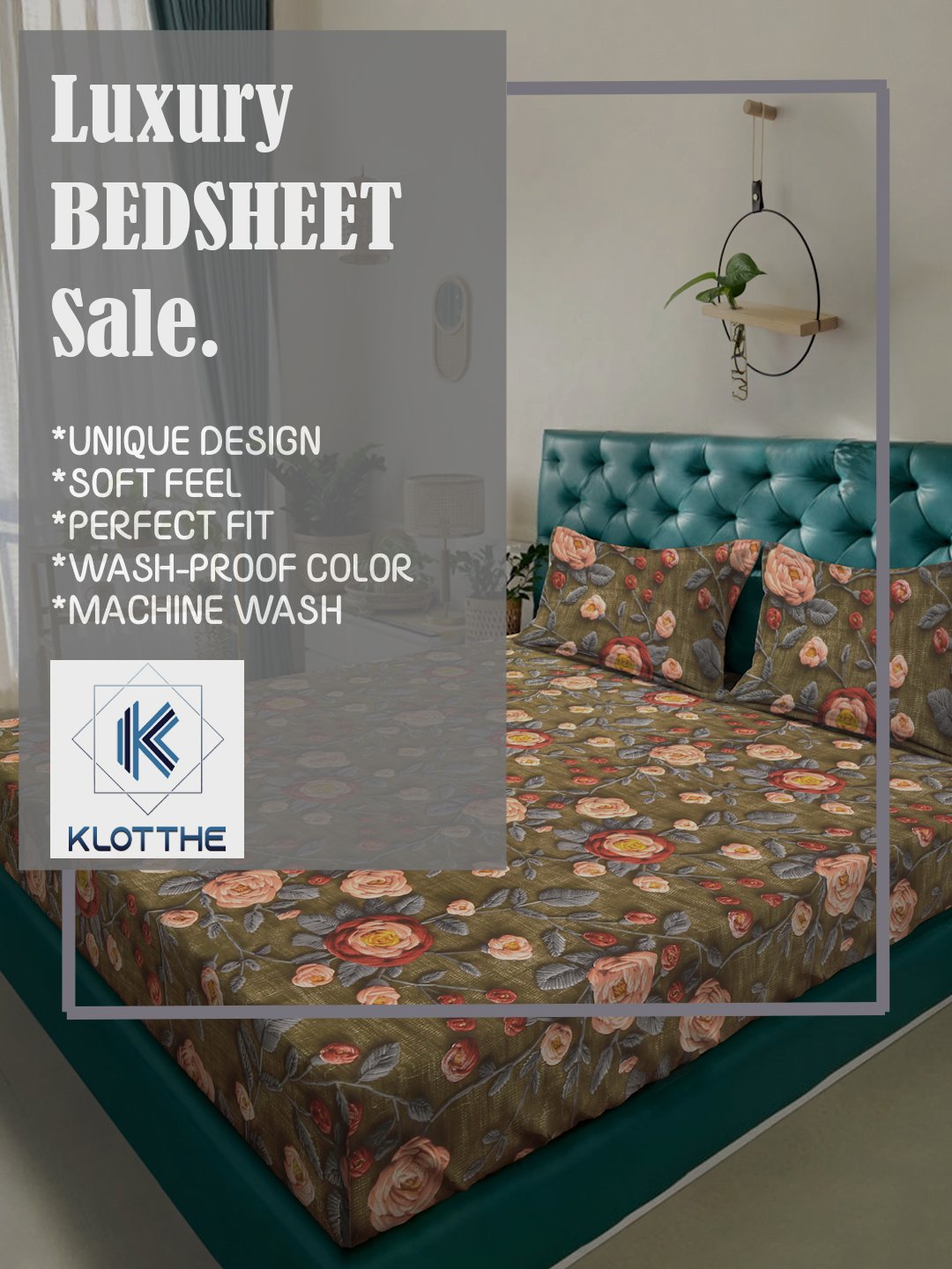 Olive Floral 7D King Size Cotton Blend Fitted Double Bedsheet with 2 Pillow Covers