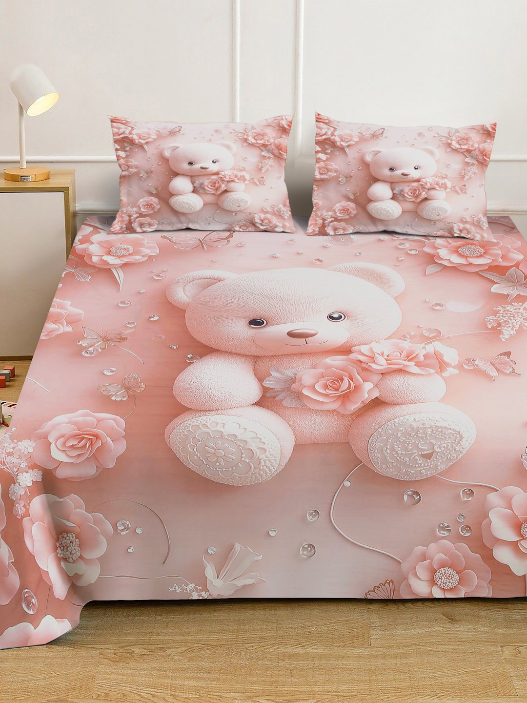 Pink 7D Cartoon Characters Printed Fitted Cotton Blend Double Bedsheet with 2 Pillow Covers