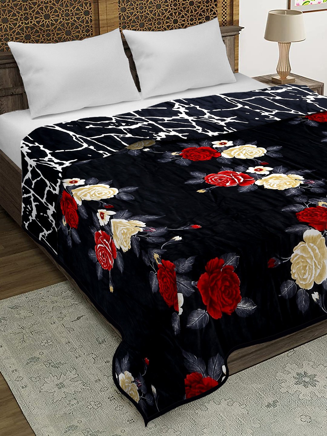 Black Woolen Floral Double Bed Dohar