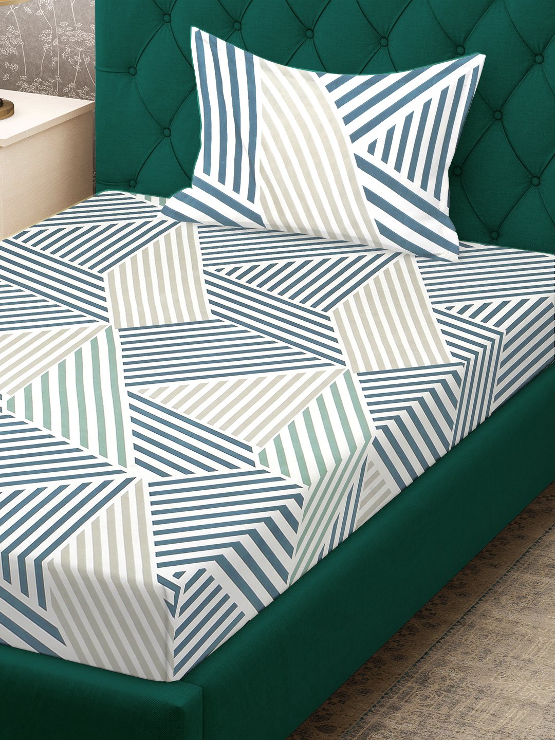 Green Geometric 300 TC Cotton Blend Single Bedsheet with Pillow Cover