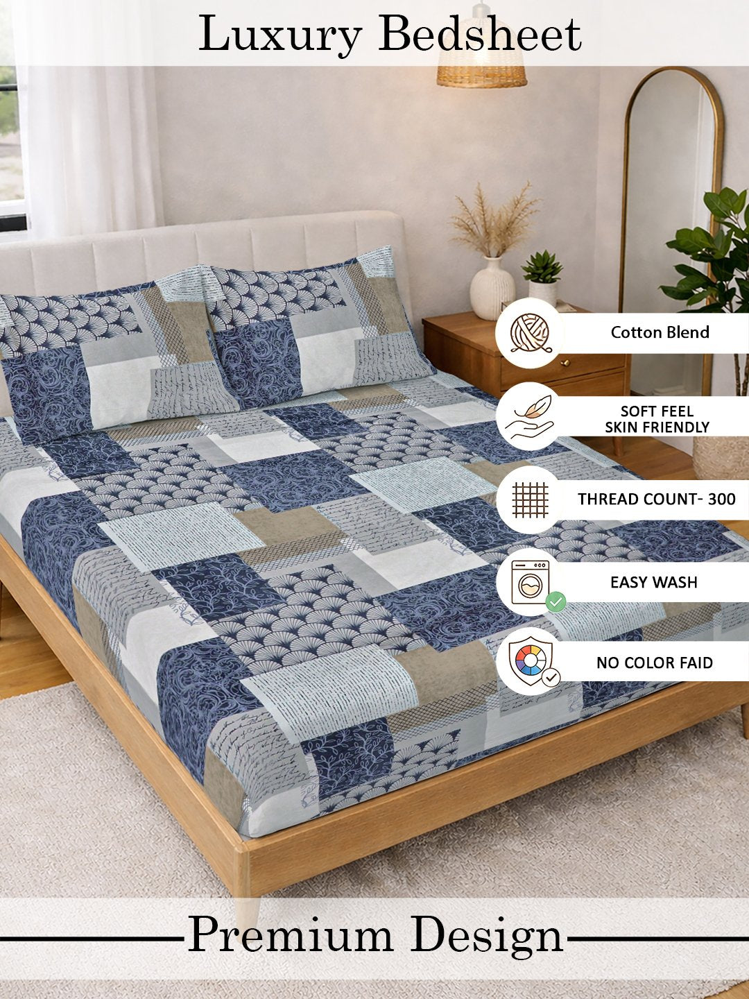 Multi Geometric Cotton Blend Double Bedsheet with 2 Pillow Covers