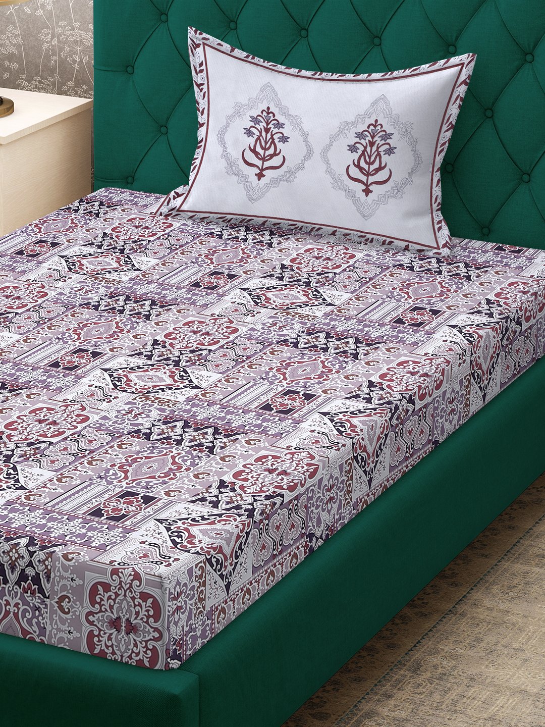 Purple Ethnic Motifs 400 TC Pure Cotton Single Bedsheet with Pillow Cover