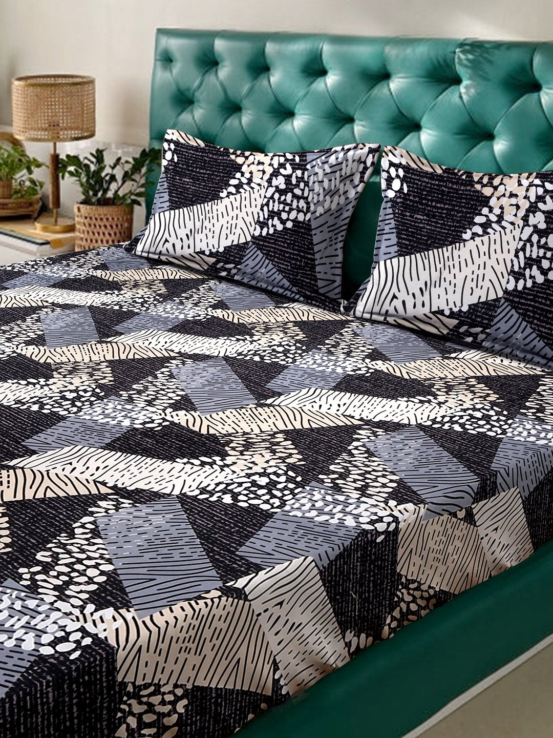 Multi Geometric 300 TC Cotton Blend Super King Double Bedsheet in Book Fold Packing