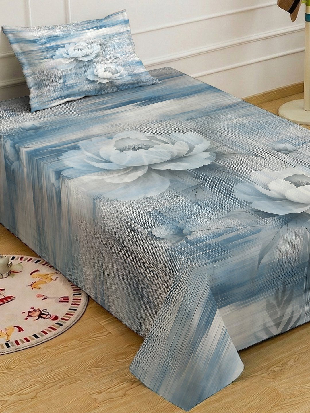 Blue Digital Floral Printed Cotton Blend Single Bedsheet with Pillow Cover