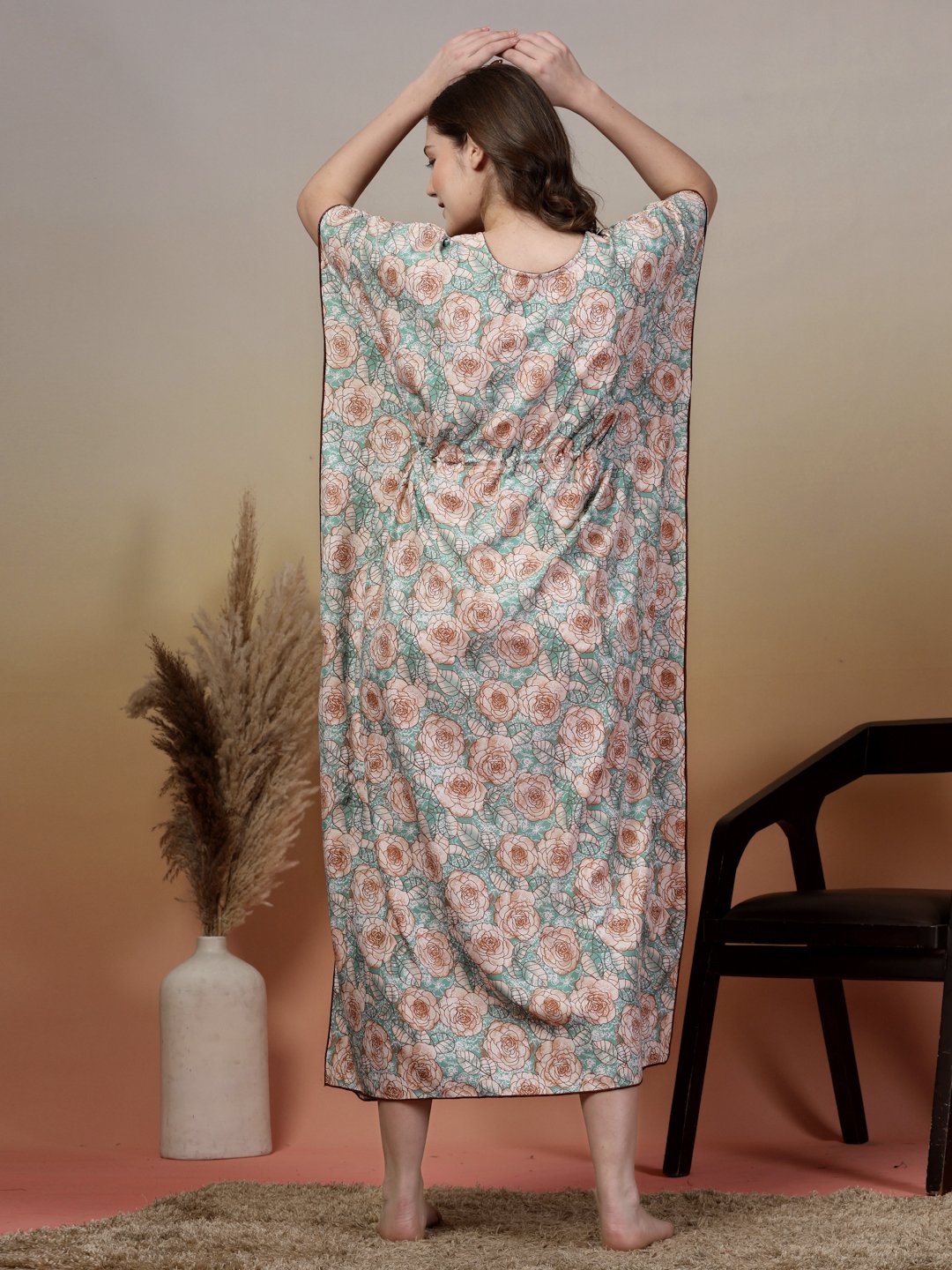 Green Floral Cotton Blend Kaftan Maxi Nightdress