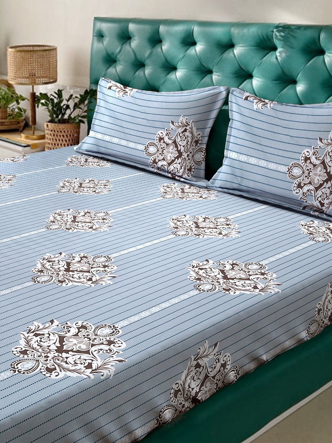 Grey Ethnic Motifs 300 TC Cotton Blend Double Bedsheet with 2 Pillow Covers