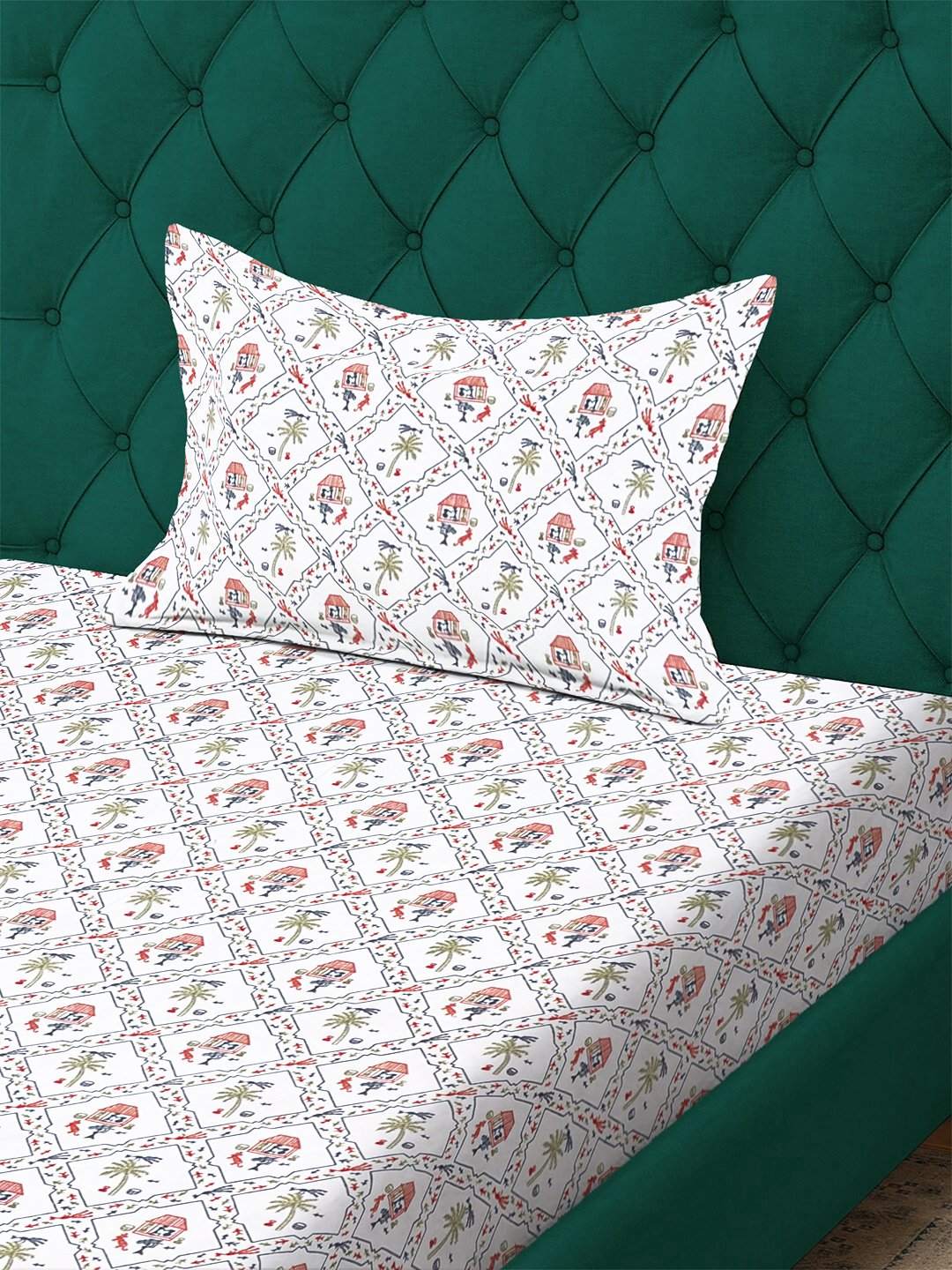White Floral 300 TC Cotton Blend Single Bedsheet with Pillow Cover