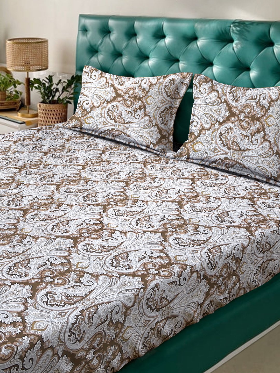 Brown Floral 400 TC Pure Cotton Double Bedsheet with 2 Pillow Covers