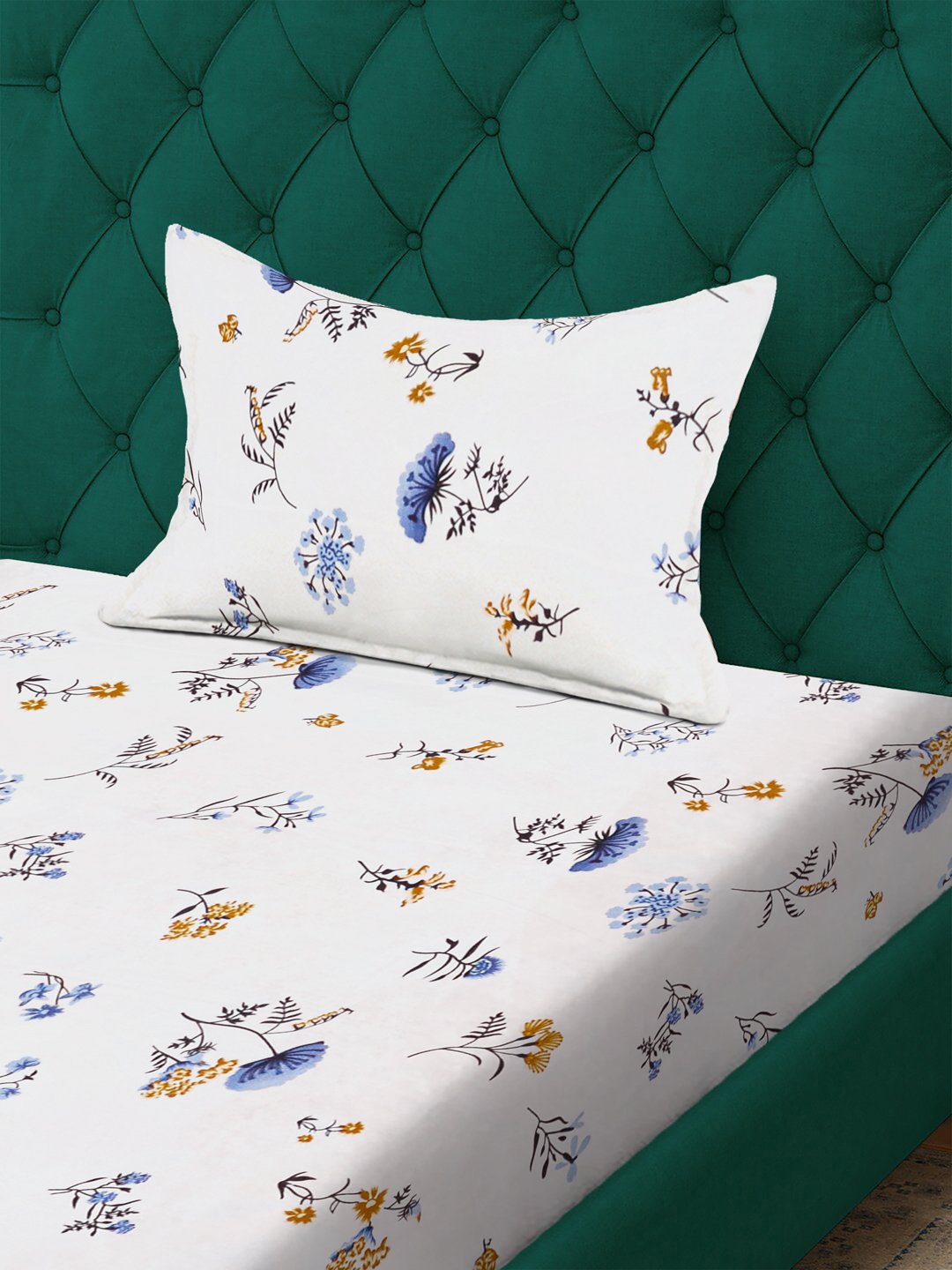 White Floral 300 TC Cotton Blend Fitted Single Bedsheet with Pillow Cover