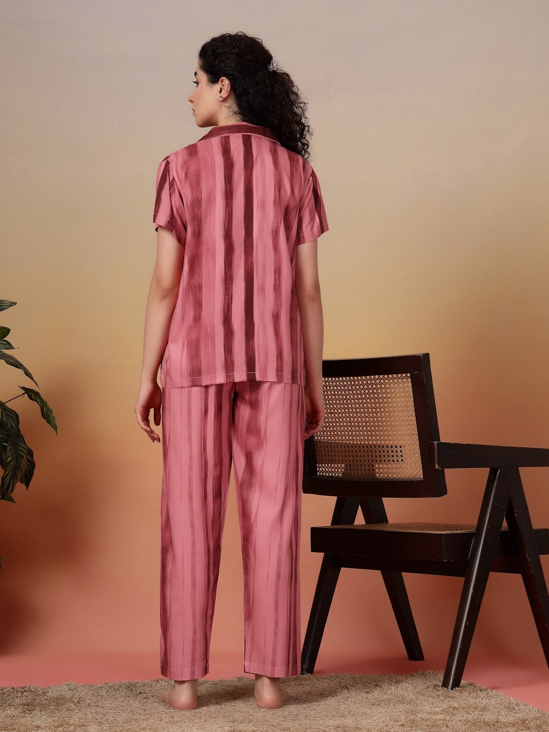 Women Red Striped Pure Cotton Night Suit