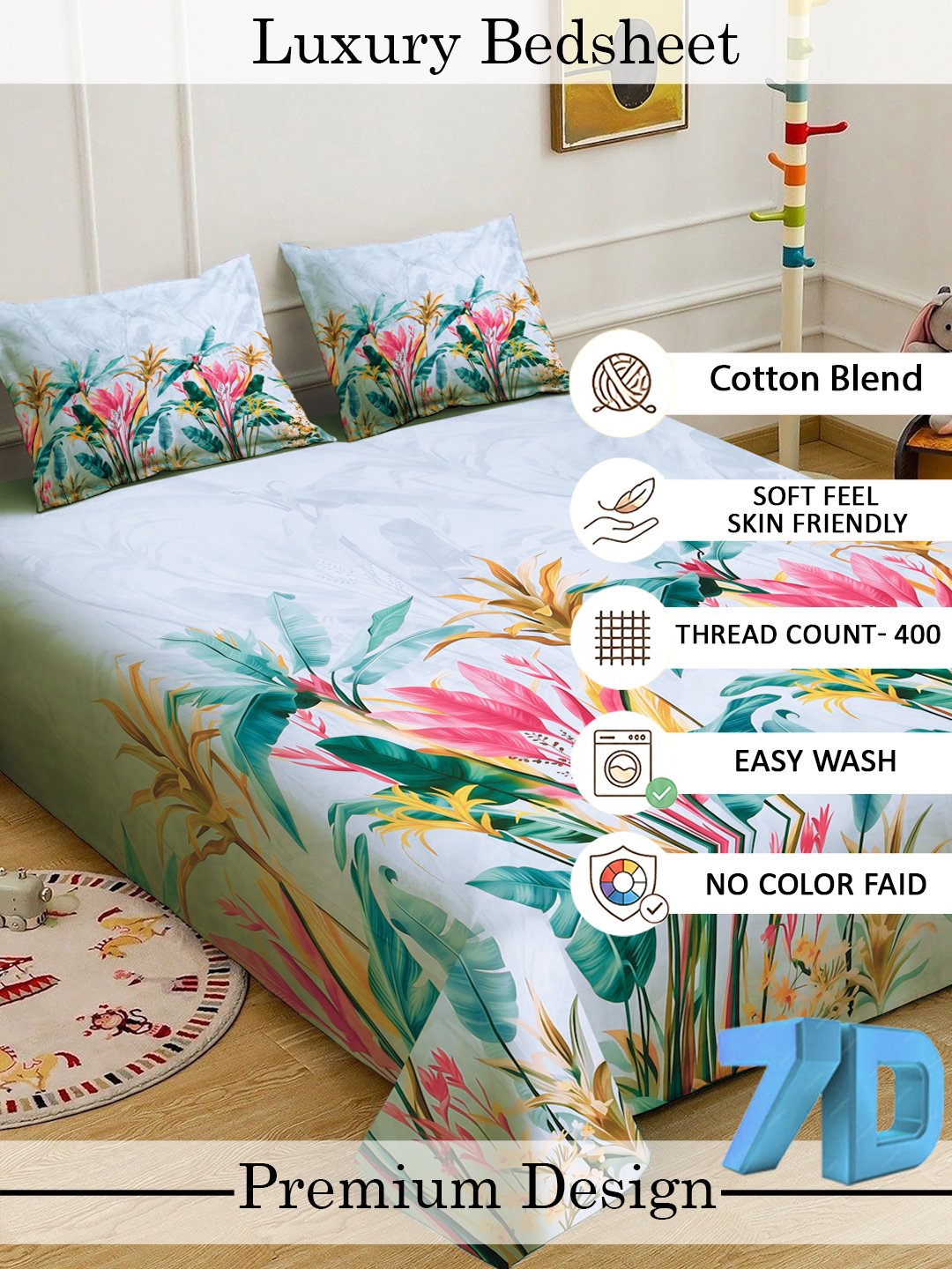SkyBlue Digital Floral Printed Cotton Blend Double Bedsheet with 2 Pillow Covers