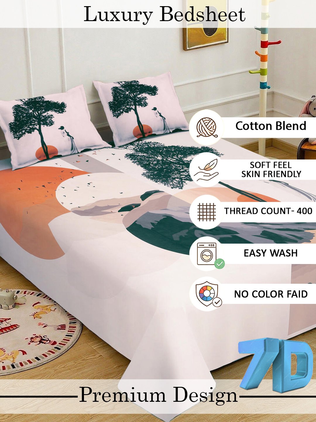 Cream Digital Abstract Printed Fitted Cotton Blend Double Bedsheet with 2 Pillow Covers