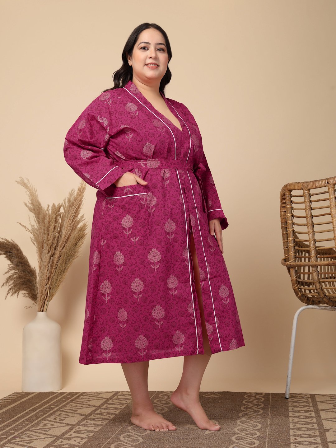 Women Printed Pink Floral Plus Size Pure Cotton Bath Robe With Belt
