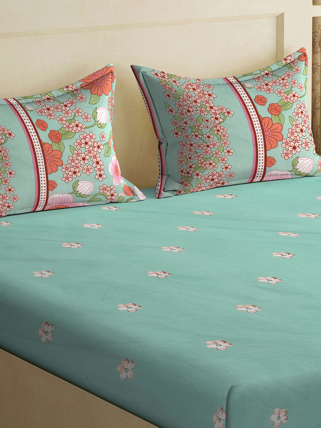 Klotthe Green Floral 300 TC Cotton Blend Double Bedsheet with 2 Pillow Covers