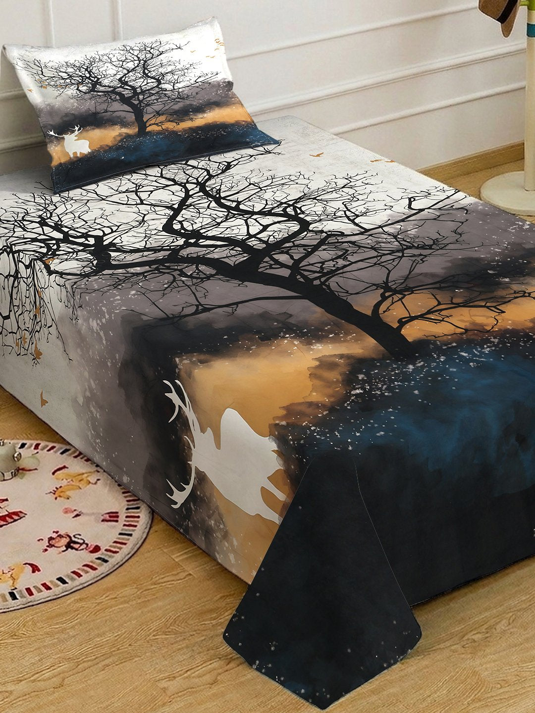 Multi Digital Animal Printed Cotton Blend Single Bedsheet with Pillow Cover