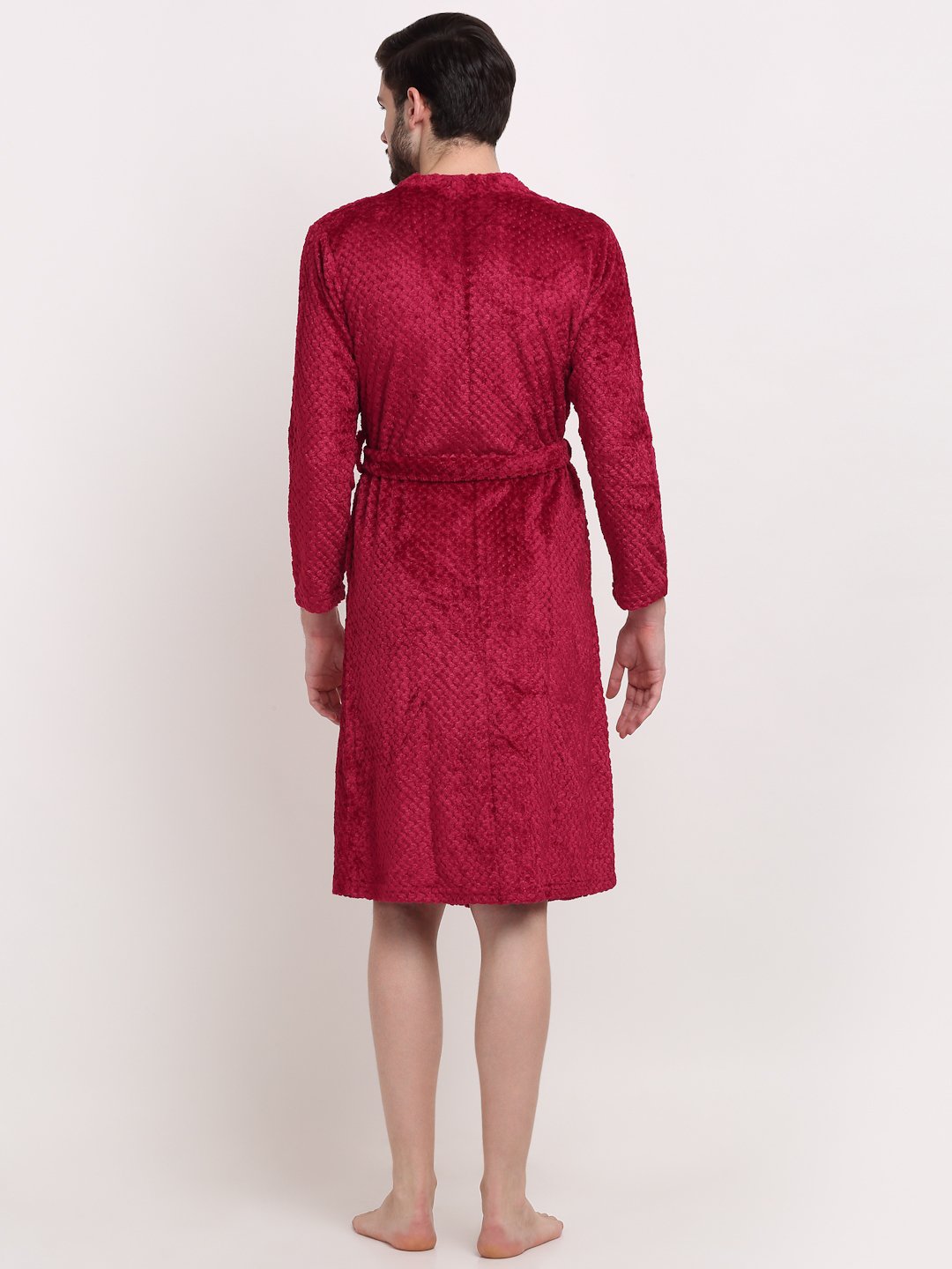 Men Red Self Design Wool Bath Robe With Belt