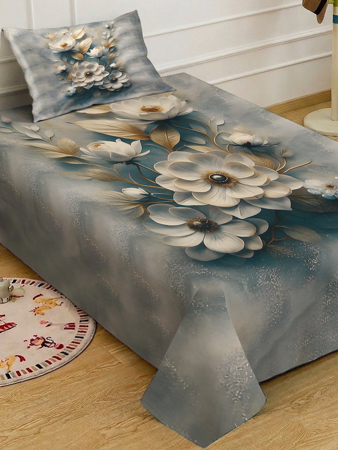 Multi Digital Floral Printed Cotton Blend Fitted Single Bedsheet with Pillow Cover