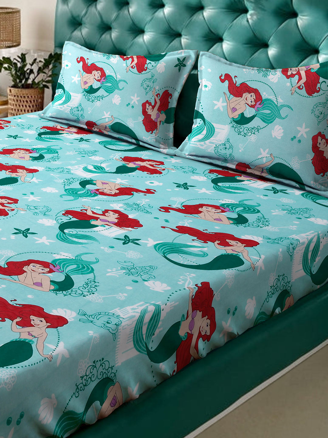 Klotthe Turquoise Cartoon Characters 400 TC Pure Cotton Fitted Double Bedsheet with 2 Pillow Covers