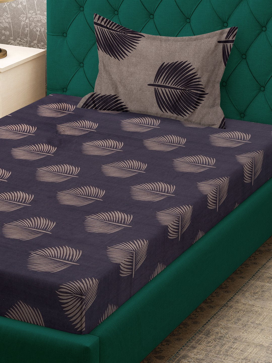 Purple Floral 300 TC Cotton Blend Fitted Single Bedsheet with Pillow Cover